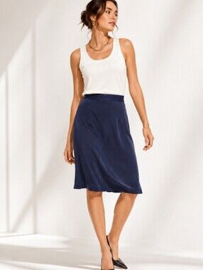100% Silk Pencil Skirt Navy Blue Petite 6P High Waisted Luxury Office Wear